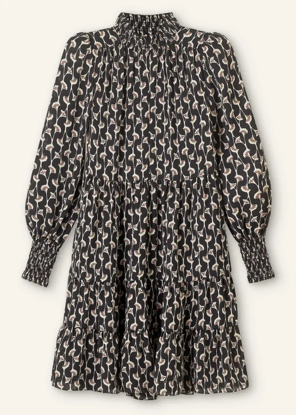 New ME+EM Ginko Leaf Print Short Swing Dress + Belt Black/Brown/Cream