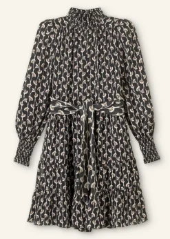 New ME+EM Ginko Leaf Print Short Swing Dress + Belt Black/Brown/Cream