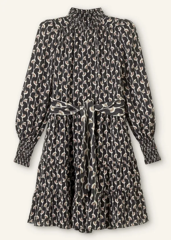 New ME+EM Ginko Leaf Print Short Swing Dress + Belt Black/Brown/Cream
