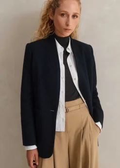 ME+EM Herringbone Deconstructed Cardigan Blazer Dark Navy