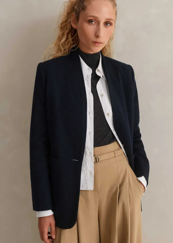 ME+EM Herringbone Deconstructed Cardigan Blazer Dark Navy