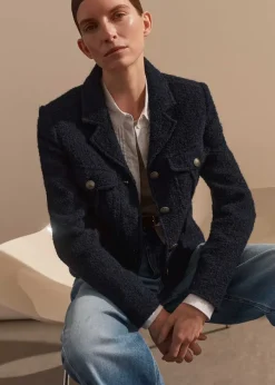 New ME+EM Italian Boucl Military Crop Jacket Navy