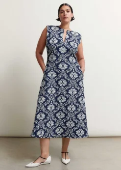 New ME+EM Jacquard Jersey Midi Dress Navy/Soft White