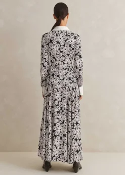 Clearance ME+EM Lace Flower Print Shirt Maxi Dress + Belt Black/Pink/Cream