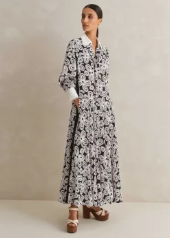 Clearance ME+EM Lace Flower Print Shirt Maxi Dress + Belt Black/Pink/Cream