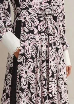 Clearance ME+EM Lace Flower Print Shirt Maxi Dress + Belt Black/Pink/Cream