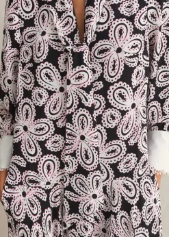 Clearance ME+EM Lace Flower Print Shirt Maxi Dress + Belt Black/Pink/Cream