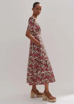 Best ME+EM Linen-Blend Baroque Print Midi Dress Light Cream/Black/Pink