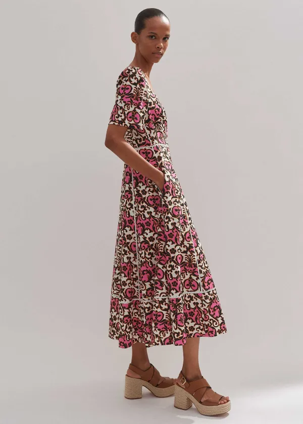 Best ME+EM Linen-Blend Baroque Print Midi Dress Light Cream/Black/Pink