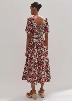 Best ME+EM Linen-Blend Baroque Print Midi Dress Light Cream/Black/Pink