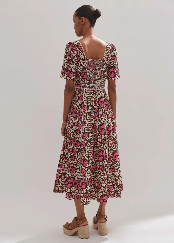 Best ME+EM Linen-Blend Baroque Print Midi Dress Light Cream/Black/Pink