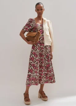 Best ME+EM Linen-Blend Baroque Print Midi Dress Light Cream/Black/Pink
