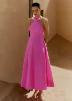 New ME+EM Linen-Blend Crossover Maxi Dress Ultra Pink