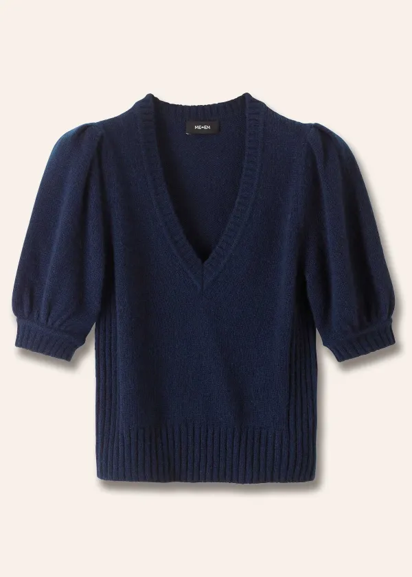 ME+EM Lofty Wool Cashmere Silk V Neck Pouf Sleeve Tee Ink Blue