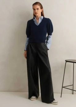 ME+EM Lofty Wool Cashmere Silk V Neck Pouf Sleeve Tee Ink Blue