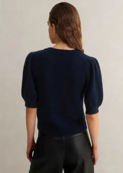 ME+EM Lofty Wool Cashmere Silk V Neck Pouf Sleeve Tee Ink Blue
