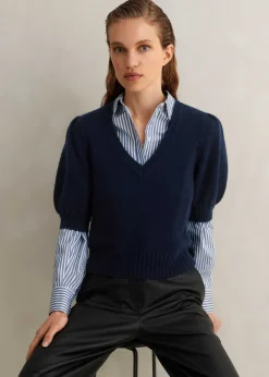 ME+EM Lofty Wool Cashmere Silk V Neck Pouf Sleeve Tee Ink Blue
