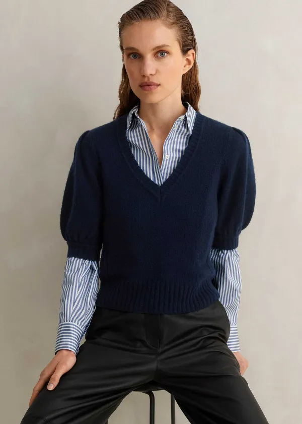 ME+EM Lofty Wool Cashmere Silk V Neck Pouf Sleeve Tee Ink Blue
