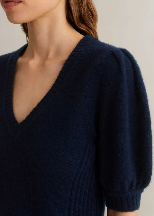 ME+EM Lofty Wool Cashmere Silk V Neck Pouf Sleeve Tee Ink Blue