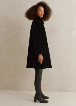 Outlet ME+EM Luxe Shearling Leather Mix Swing Coat Black