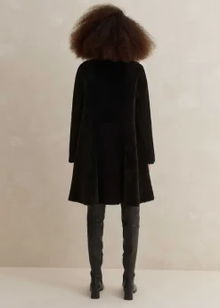 Outlet ME+EM Luxe Shearling Leather Mix Swing Coat Black