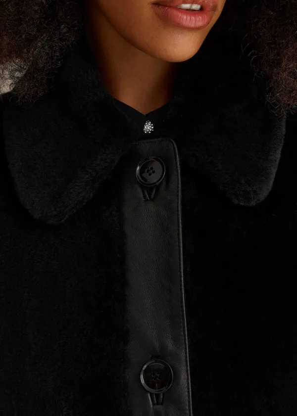 Outlet ME+EM Luxe Shearling Leather Mix Swing Coat Black