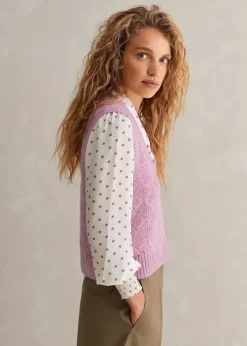 Hot ME+EM Merino Cashmere Silk Lace Stitch V-Neck Vest Blossom Pink