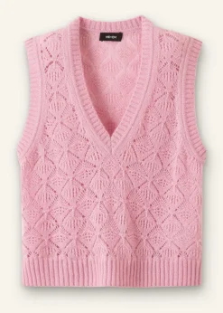 Hot ME+EM Merino Cashmere Silk Lace Stitch V-Neck Vest Blossom Pink