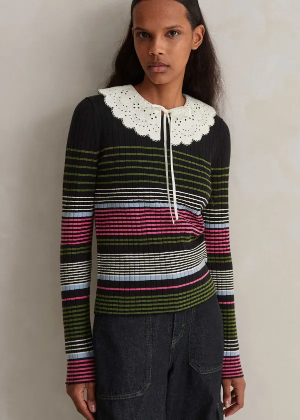 Discount ME+EM Merino Stretch Slim Rib Stripe Jumper Navy Multi