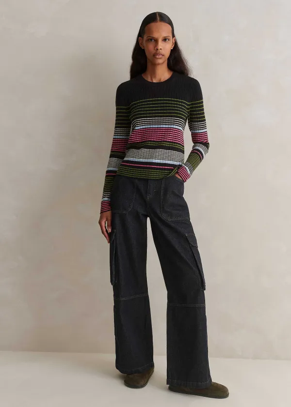 Discount ME+EM Merino Stretch Slim Rib Stripe Jumper Navy Multi