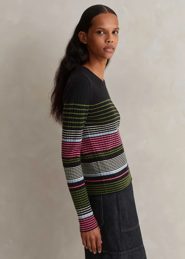 Discount ME+EM Merino Stretch Slim Rib Stripe Jumper Navy Multi