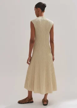 Outlet ME+EM Metallic Rib Knit Cap Sleeve Midi Dress Pale Gold
