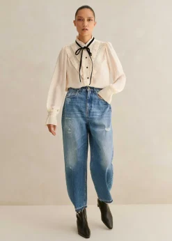 Sale ME+EM Pleat Blouse + Removable Velvet Tie Cream/Black