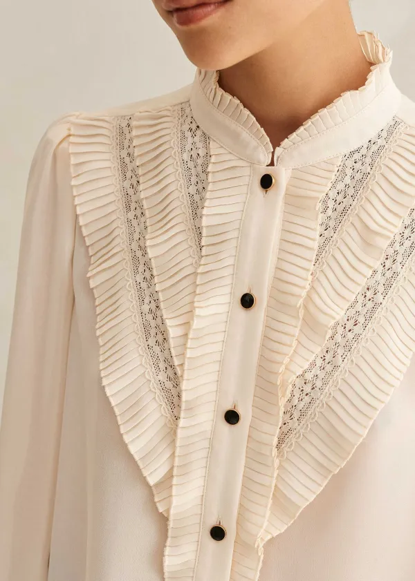 Sale ME+EM Pleat Blouse + Removable Velvet Tie Cream/Black