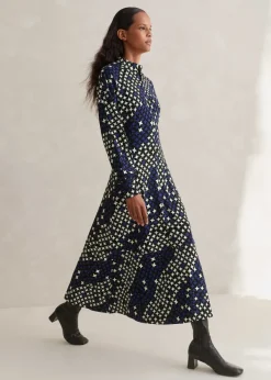 ME+EM Printed Ponte Balloon Sleeve Maxi Dress Ultramarine/Black