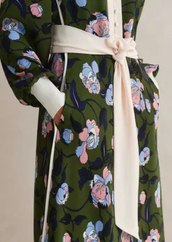 ME+EM Rose Print Panelled Midi Dress Green/Light/Cream/Ink/Blue