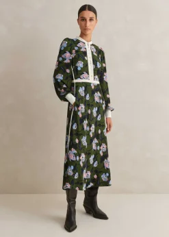 ME+EM Rose Print Panelled Midi Dress Green/Light/Cream/Ink/Blue