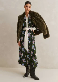ME+EM Rose Print Panelled Midi Dress Green/Light/Cream/Ink/Blue