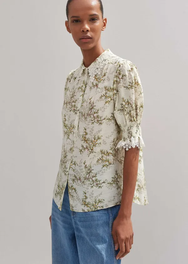 Discount ME+EM Shadow Berry Print Embroidered Collar Blouse Light Cream/Green/Multi