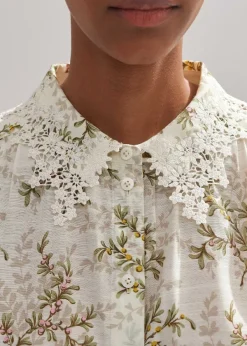 Discount ME+EM Shadow Berry Print Embroidered Collar Blouse Light Cream/Green/Multi
