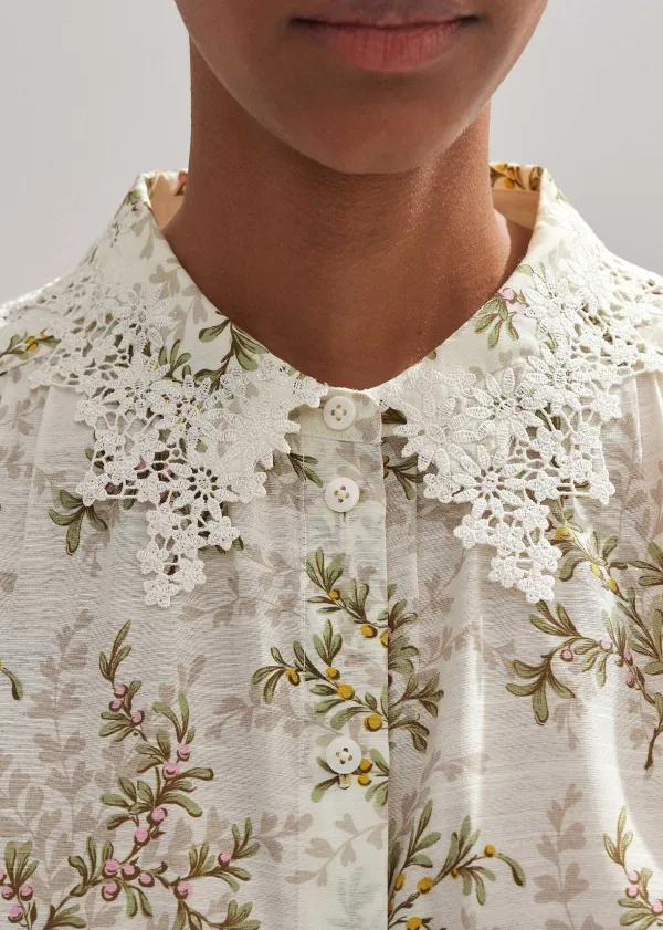 Discount ME+EM Shadow Berry Print Embroidered Collar Blouse Light Cream/Green/Multi