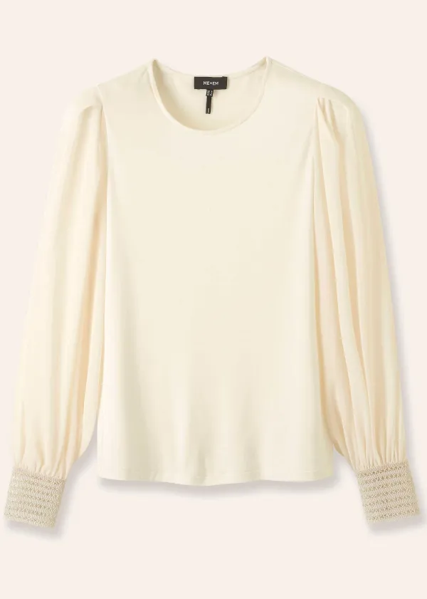 Hot ME+EM Sheer Sleeve Crew Neck Layering Top Cream