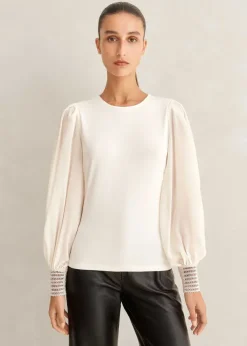 Hot ME+EM Sheer Sleeve Crew Neck Layering Top Cream