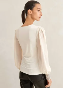Hot ME+EM Sheer Sleeve Crew Neck Layering Top Cream