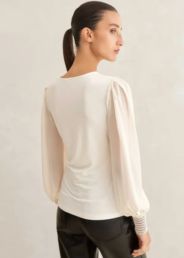 Hot ME+EM Sheer Sleeve Crew Neck Layering Top Cream