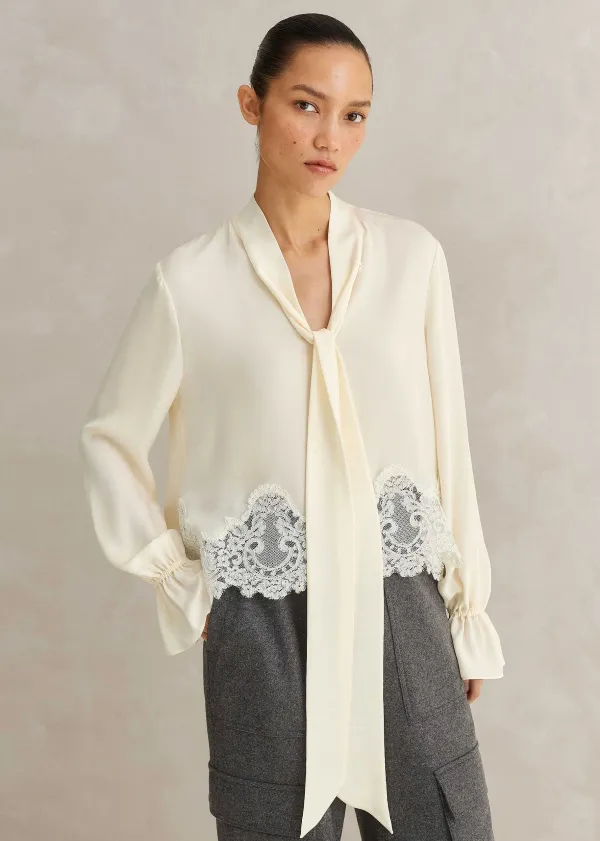 Clearance ME+EM Silk + Lace Cropped Pussybow Blouse Light Cream