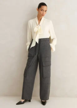 Clearance ME+EM Silk + Lace Cropped Pussybow Blouse Light Cream
