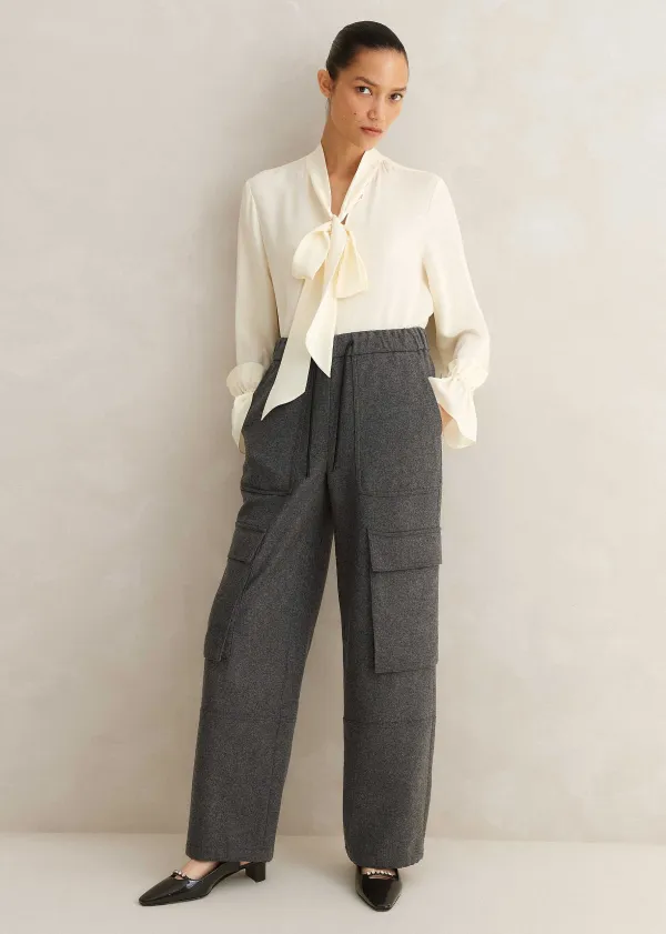 Clearance ME+EM Silk + Lace Cropped Pussybow Blouse Light Cream