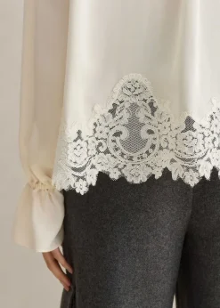Clearance ME+EM Silk + Lace Cropped Pussybow Blouse Light Cream
