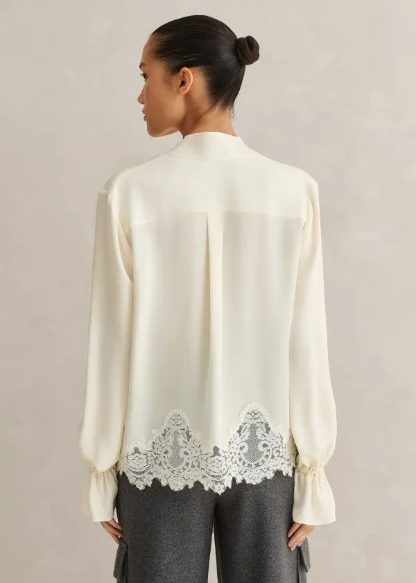 Clearance ME+EM Silk + Lace Cropped Pussybow Blouse Light Cream